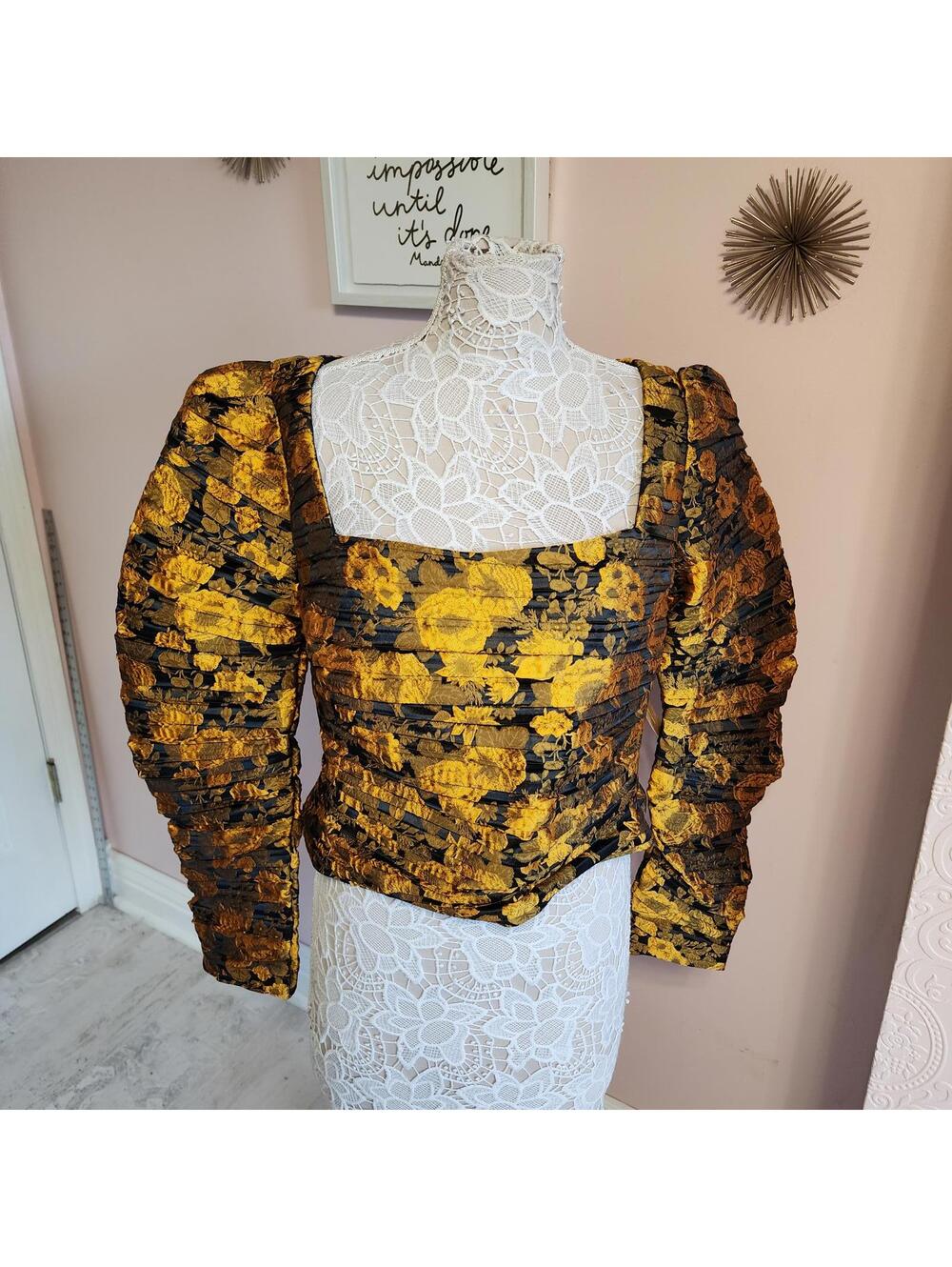 KOURT Yellow Black Floral Square Neck Puff Sleeve Cropped Blouse Anthropologie